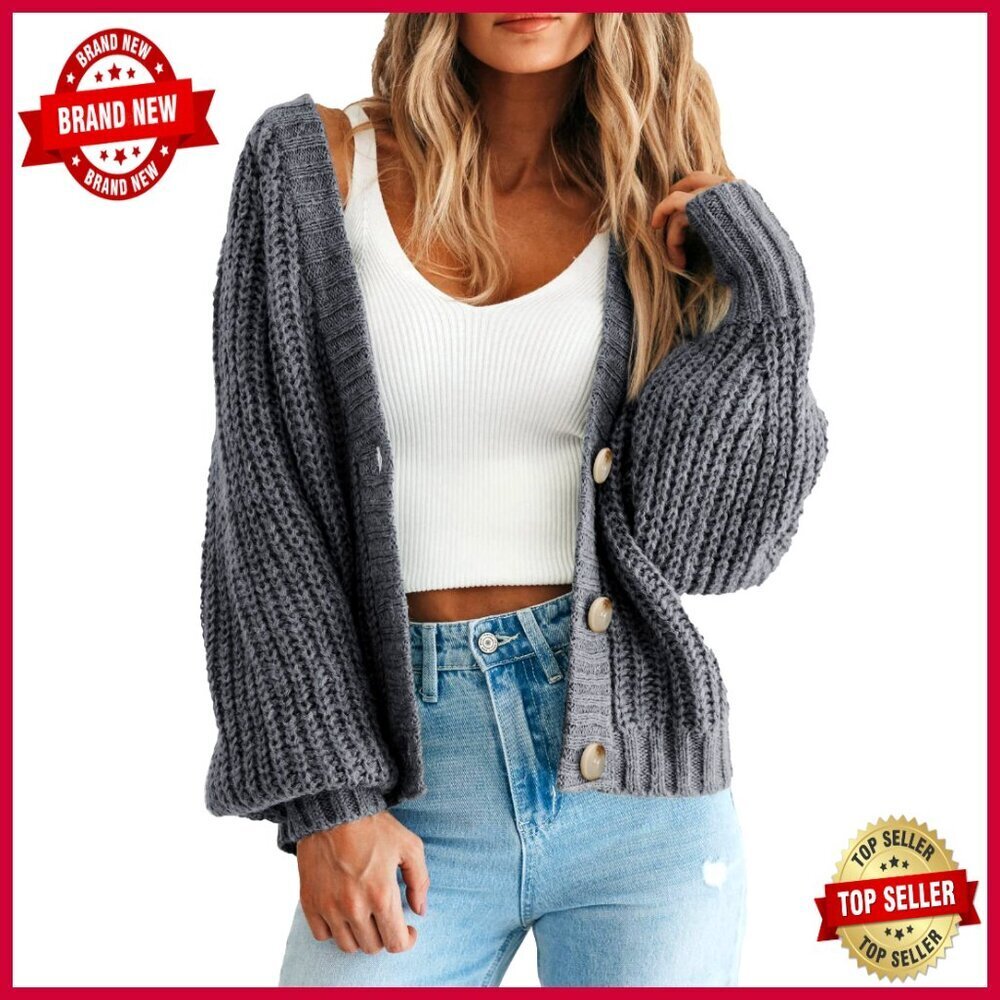 Chunky Knit Open Front Cardigan Sweater Long Sleeve Button Loose Outerwear